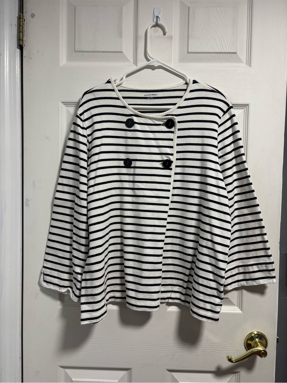 Lands' End Black and White Striped Double-Button Knit Top